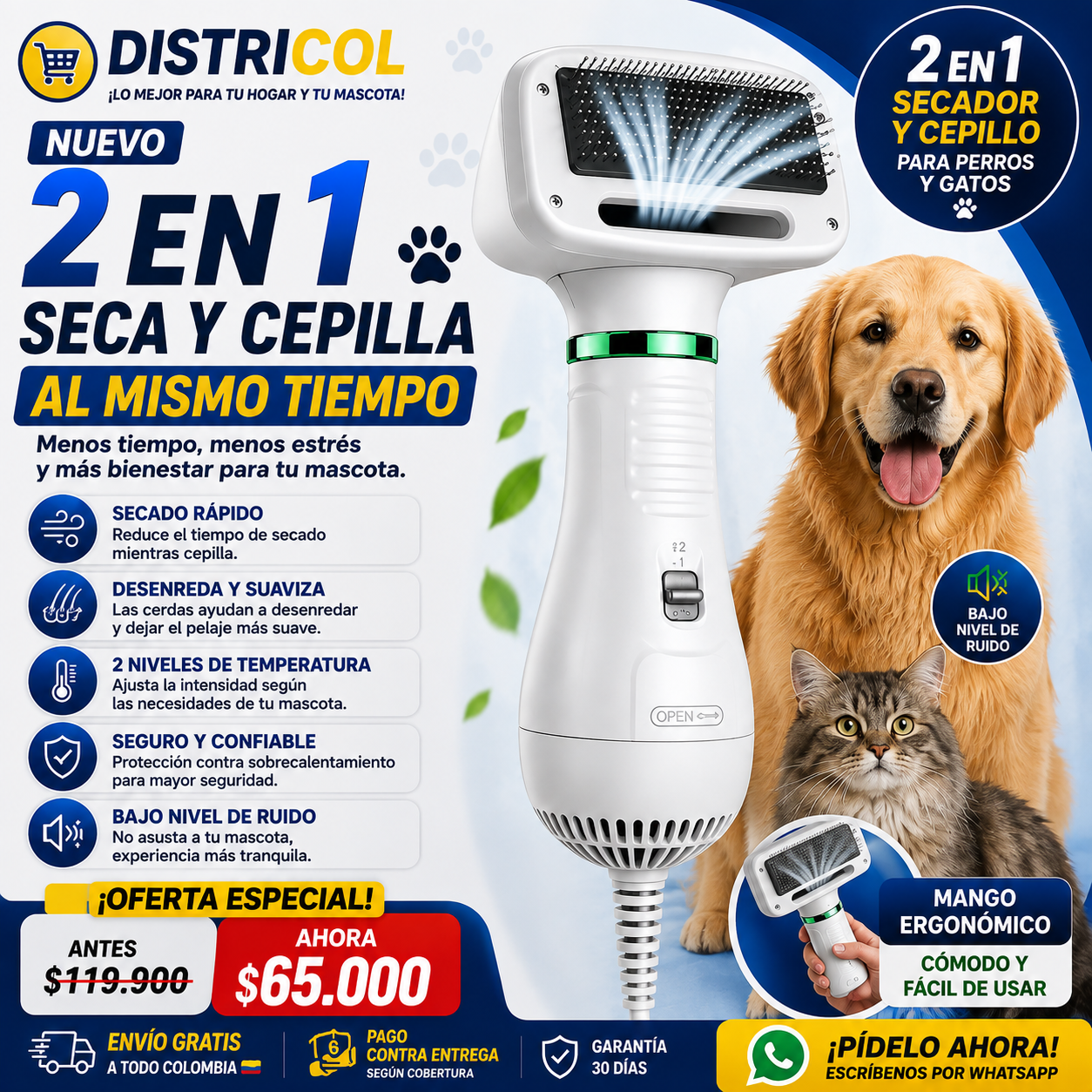 Antes y después - Secador y Cepillo 2 en 1 para mascotas DistriCol